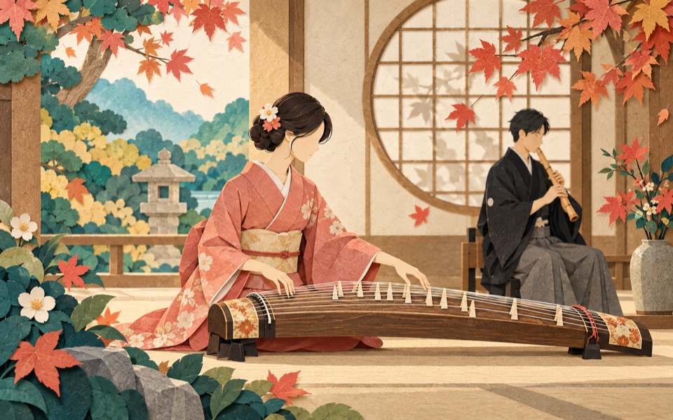 和楽器の演奏(切り絵のイメージイラスト)